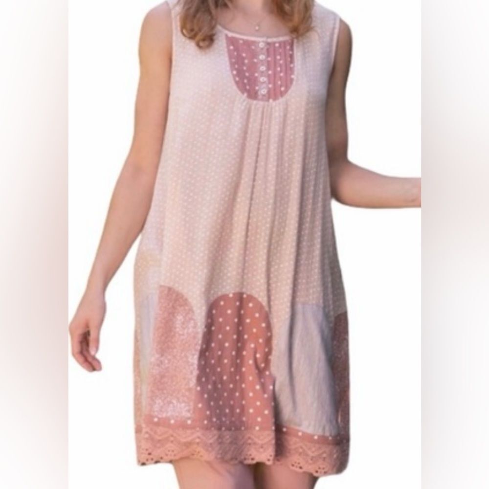 April Cornell Dress Gathered Lace Trim Dot Sleeveless Cream Tan Size S - Picture 2 of 13